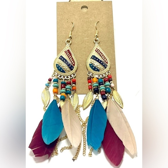 NEW! Multicolor Boho Beaded and Feathered Earrings. - Picture 2 of 3